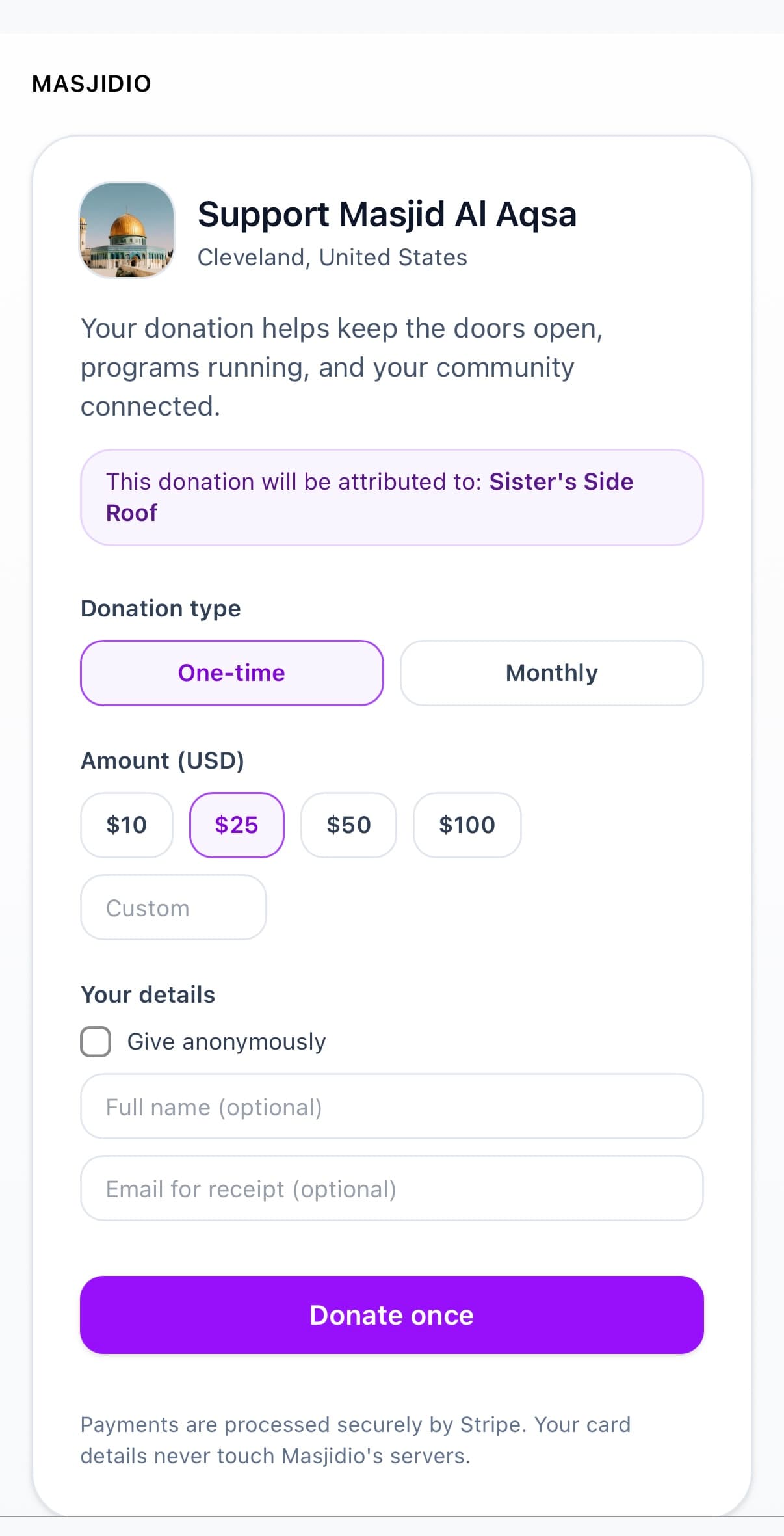 Masjidio app donation screen: collect donations
