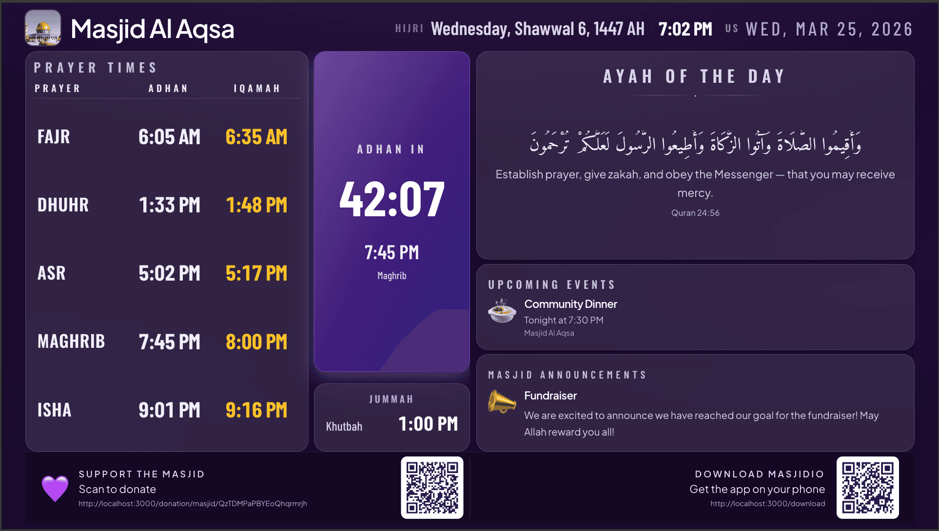 Masjidio display on a TV: prayer times and masjid content